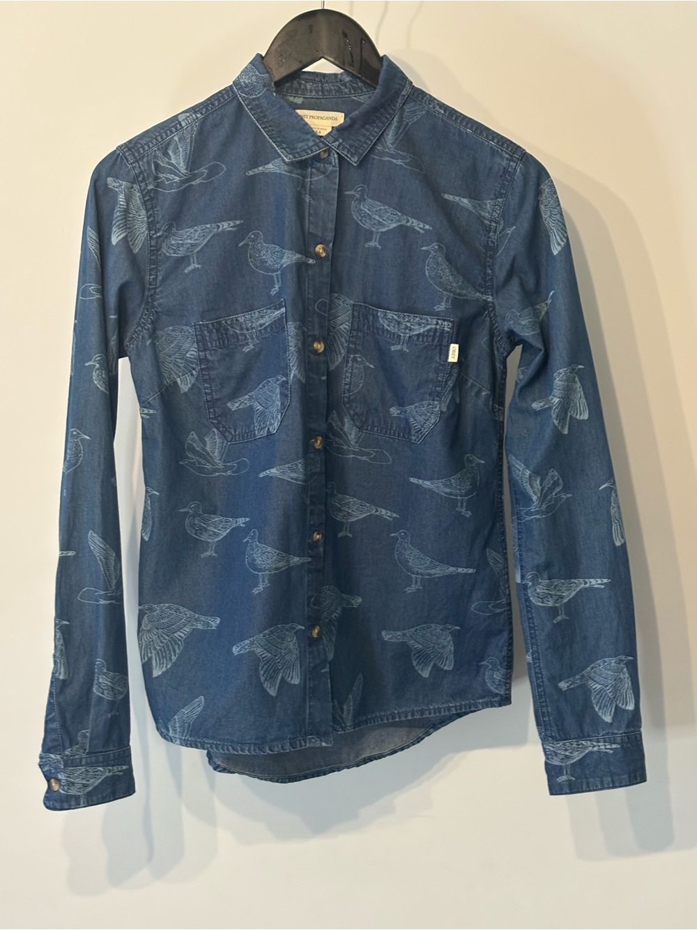 OBEY Propaganda Indigo Blue Denim Bird Print Button Down Shirt Women's XS